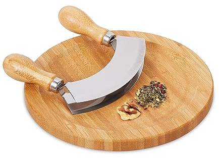 Relaxdays Mezzaluna con Tagliere Ø 20cm, Coltello a Doppia Lama Trita Erbe, in Acciaio Inox e bambù, Naturale Argentato