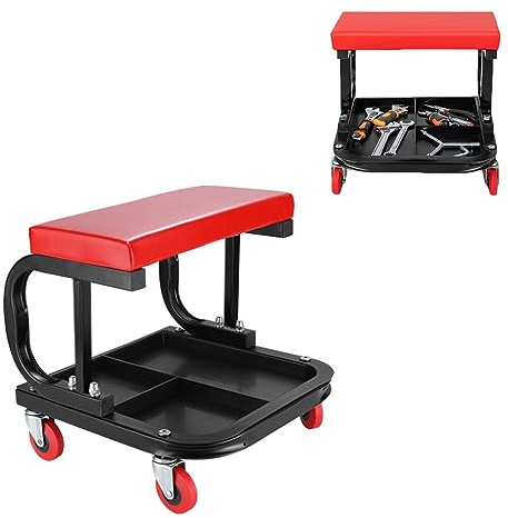 Quesardens Rolling Mechanic Stool, Padded Creeper Trolley Seat with 4 Swivel Casters and Segmented Tool Tray Storage, 150KG Capacity Heavy Duty Garage Tool Workshop Stool Trolley