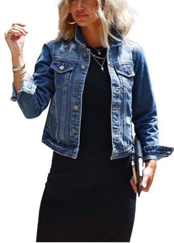 JayscreateEU Kurze Damen Jeansjacke - Denim Jacke mit Langen Ärmeln, Umlegekragen, Oversize-Schnitt und Taschen - Herbst Mantel Outwear, Navy Blau, XL