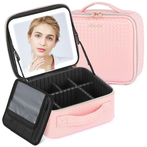 Aiborke Travel Makeup Bag with Led Mirror Makeup Case with Lighted Mirror Cosmetic Organizer bag with Adjustable Dividers and 5X Magnifying Mirror Gift for Women (Pink)
