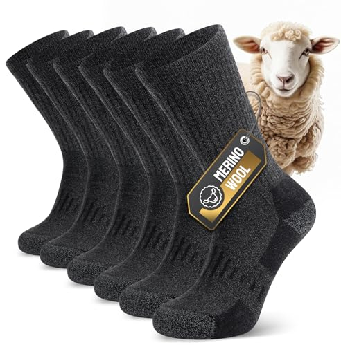 TIBISI Herrensocken, Merinowollsocken, dicke Wandersocken, gepolstert, feuchtigkeitstransportierend, atmungsaktiv, warm im Winter, für Outdoor, Wandern, Sport, weich und bequem, 3 Paar