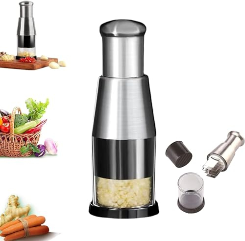 Multifunctional Pressed Garlic Chopper, Garlic Press Stainless Steel 304 Manual Onions Masher Onion Chopper Garlic Crusher for Mincing Slicing Peppers (1 PC)