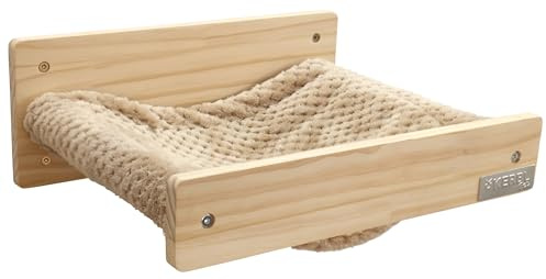 Kerbl Pet Wandhängematte Timber für Katzen | Natur/Taupe, 38 × 33,5 × 16 cm, Holz mit weichem Softplüsch, platzsparend an der Wand zu befestigen