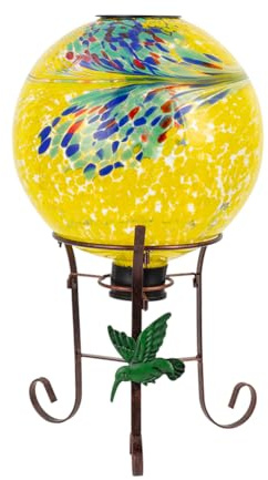 YELENEW 10 Diameter Solar Gazing Ball and 8.5 Metal Stand Indoor Outdoor Glass Globe Sphere Yard Art Ornament Solar Gazing Balls for Garden,Lawn,Porch,Patio Gardening Gift for Women(Yellow)
