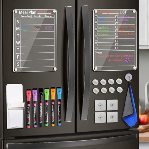 LISSCHANN Acryl Magnetischer Kalender für Kühlschrank, 2 Stück, 20 x 30cm, Transparenter Abwischbar Einkaufsliste Aufgabenliste Mahlzeitenplanungstafel, mit 6 Farbmarkern, Stifthalter und Handtuch