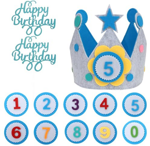 JJUNW Corona di compleanno per bambini, corona di compleanno per bambini, in feltro, con numeri intercambiabili da 0 a 9, per bambini, per feste di compleanno (blu)