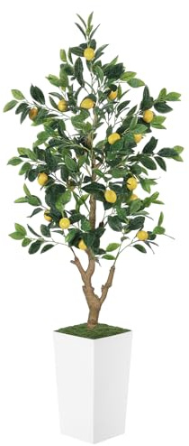PHYTREE 5FT Artificial Lemon Tree with Pot - 60 Fake Lemon Tree with White Tall Planter, Faux Lemon Plant with Realistic Fruits and Silk Leaves, Artificial Plants Indoor for Home Office Kitchen Decor