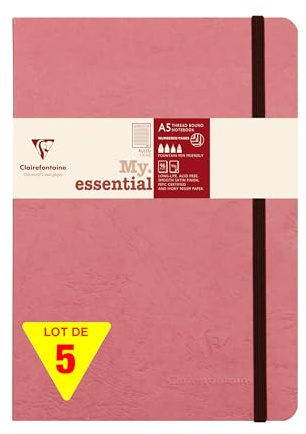 Clairefontaine 793466Cpack - Packung 5x Notizbuch Kladde My essential, Age Bag, DIN A5 14,8x21 cm, 96 Blatt liniert elfenbein, Altrosa 1 Pack