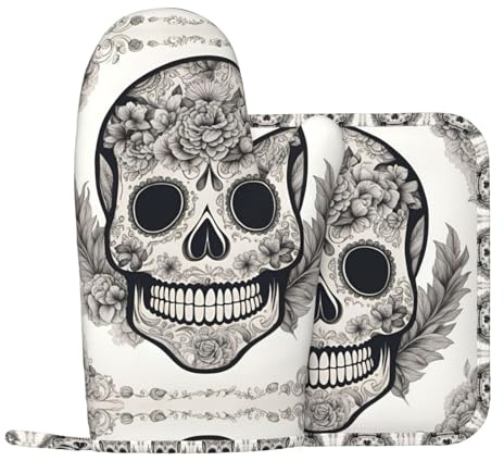 Juego de manoplas y soportes para ollas de silicona con estampado de calavera mexicana para cocinar, hornear, barbacoa, cocina, decoración
