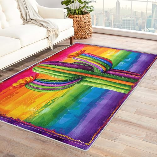 Colorful Cactus Kids Rug Large Soft Washable Non Slip Rug for Boys and Girls Bedroom Living Room Patterned Area Rug for Home Decor 160x230 cm