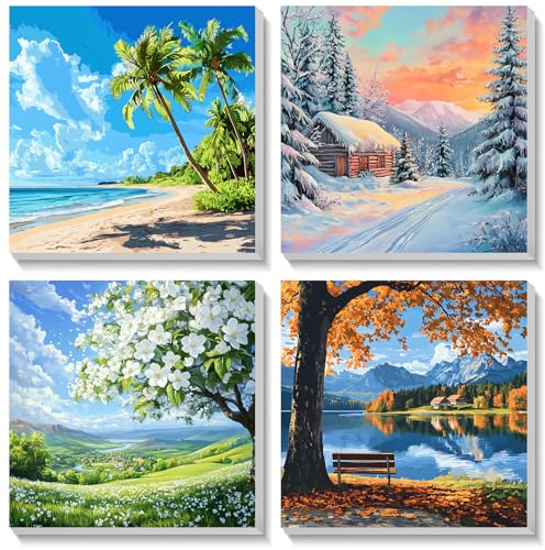 Bowetile 4-pack landskap inramad måla efter siffror för vuxna barn, måla efter siffror kit för vuxna, nybörjare, canvas-kit, gör-det-själv akrylpigment ritning målning för heminredning, 20 x 20 cm