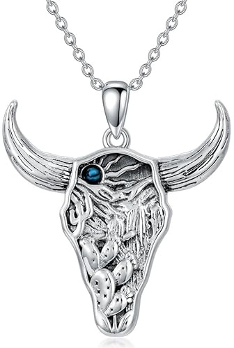 ROMANTICWORK Collar de plata de ley 925 con colgante de cabeza de toro, joyería de vaca para aniversario, cumpleaños, Navidad, regalos para hombres y mujeres, Plata esterlina, No es una piedra