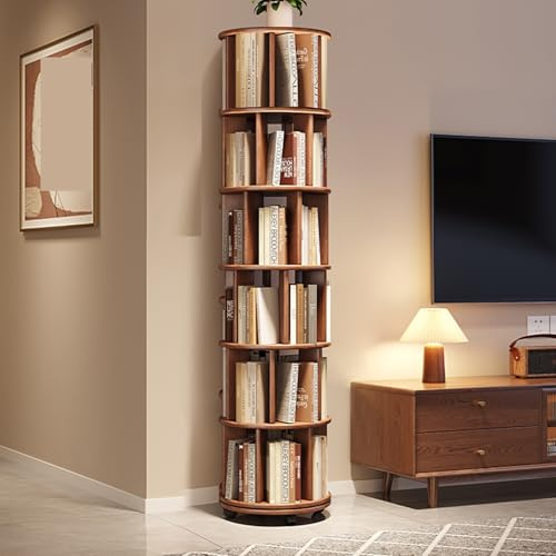360° drehbares Bücherregal, 6-stöckiger Bücherturm aus Holz mit Rollen, Eckaufbewahrung für kleine Räume, ideal für Kinder und Erwachsene (Walnuss, 40 x 40 x 185 cm)