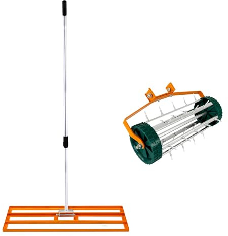 Lawn Leveller & Aerator Manual Grass Roller 3.8cm Spikes 100cm x 32cm Orange Levelling Rake Lute Removable Dual Purpose Extendable Handle 1.15-1.9m Easy Grip Heavy Duty Steel Aluminium Garden Tool