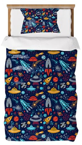 DJDEA Toddlers Duvet Cover Sets 120 x 150cm, Space Spaceship Pattern Print Junior/Cot Duvet Cover Set, With Zip Closure and 1 Pillowcase 40 x 60 cm, Soft Microfibre Duvet Covers