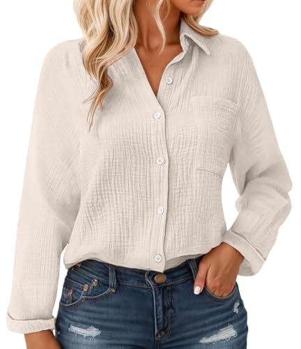 Chemise boutonnée en gaze de coton pour femme – Chemisier texturé froissé à manches longues avec poche, haut léger et décontracté pour l'été et la superposition
