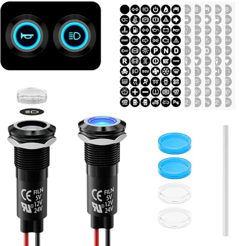 FILN 2Stück 12mm LED Metall Anzeigelampe 12V-24V DC Kontrollleuchte(Blau) | Kontrollleuchte Signallampe IP67 Wasserdichte Metallgehäuse mit 180 Symbolen für Auto,Boot,Industrie,Schalttafel