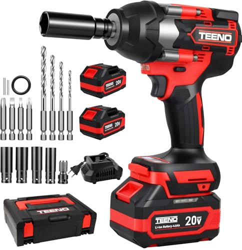 TEENO Clé à Chocs Sans Fil Brushless 700N.m 1/2, avec Coffret, Douilles (17/19/20/21mm) et 2 Batteries 4.0Ah, 180° Enclume & 90° Tête Pivotante, pour Voiture/Camionnette/Tondeuse