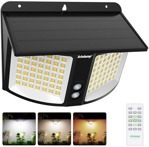 intelamp Lampe Solaire Extérieure, Détecteur Radar, 3 Températures Couleur | 4000mAh Projecteur Solaire Extérieur 180° à Détection Radar, Télécommande, Idéal pour Jardin, Terrasse et Cour