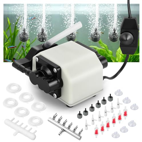Aquarium Luftpumpe mit 6 Ausgängen – 25 W regelbare Sauerstoffpumpe für Aquarien & Gartenteiche, leiser Belüfter mit Magnetantrieb, bis 3 m Tiefe, 55 l/min (3300 l/h)