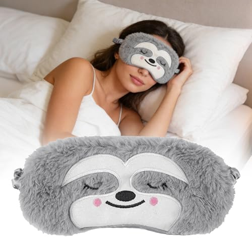 Graue Faultier Schlafmaske aus weichem Plüsch, Niedliche Tier Augenmaske für Kinder und Erwachsene, Atmungsaktive Reise Schlafbrille zur Verdunkelung