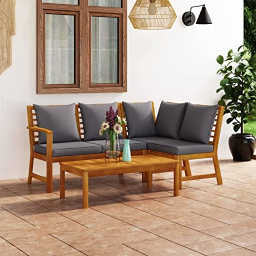 ACAGALA Gartenmöbel Set 4 Teilig, Balkonmöbel Set mit Dunkelgrau Kissen, Eckteil + Mittelteil + Bank + Tisch, Outdoor Loungemöbel Sitzgruppe Garnitur Set für Garten, Terrasse, Massivholz Akazie