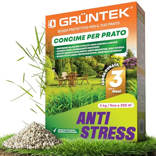 GRÜNTEK Concime per Prato Estate Anti-Stress 5 kg – 200 m² | Fertilizzante per Prato Rinverdente NPK 15+5+24 | Concime Granulare a Lenta Cessione fino a 3 Mesi | Resistente a Caldo, Siccità e Gelo.