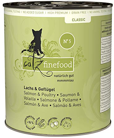 catz finefood N° 5 Lachs & Geflügel Feinkost Katzenfutter nass, verfeinert mit Spinat & Tomate, 6 x 800g Dosen