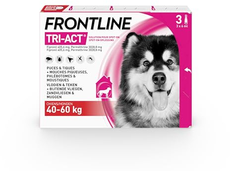 FRONTLINE Tri-Act Chien - Anti Puces, Tiques, Moustiques, Phlébotomes & Mouches - Traitement Radical En 6h - Pour Très Gros Chien De 40 à 60 kg - Fabriqué En France - 3 Pipettes Application Spot On