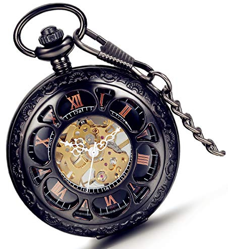 lancardo Herren Klassisch Retro Handaufzug Mechanische Taschenuhr mit römische Ziffern Zifferblatt, Geschnitzte Skelett Kettenuhr mit Pullover Halskette, schwarz