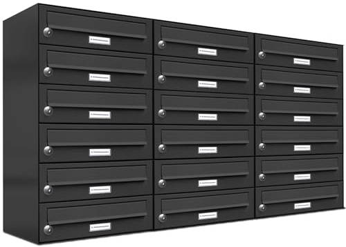 AL Briefkastensysteme 18er Briefkastenanlage Anthrazit Grau RAL 7016, Premium Briefkasten DIN A4, 18 Fach Postkasten modern Aufputz