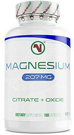 Nutriodol Magnesium 207 mg – 100 Capsules | High-Strength Magnesium Citrate & Oxide | Supports Energy-Yielding Metabolism, Reduces Tiredness, Muscle Function, Nervous System, Bones/Teeth