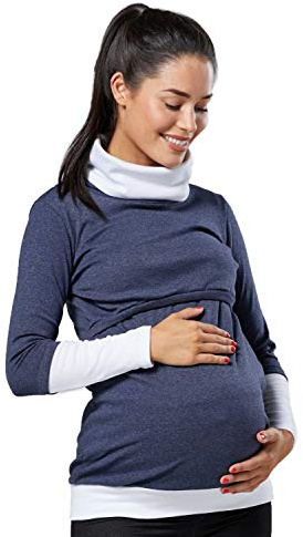 Zeta Ville Donna Felpa Premaman Allattamento Cotone Top 348 (Jeans Scuro & Bianco, IT 44/46, XL)