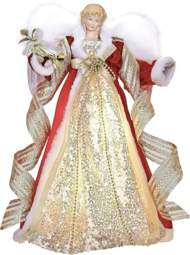 Valery Madelyn Lighted Christmas Angel Tree Topper with Timer, 16 Inch Luxury Red Gold Fabric Angel Tree Top Figurine with Lights for Christmas Tree Decor Indoor, Battery Operated, Valentines Gift
