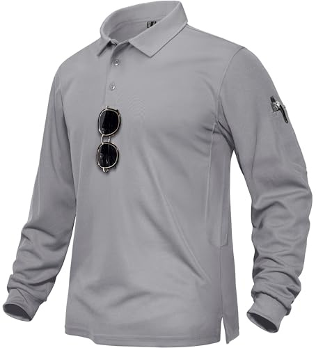 TACVASEN Funktions Poloshirt Herren Polyester Golf Basic Shirt Atmungsaktiv Langarmshirts Tactical Polo Langarm Leichte Sommer (L, Hellgrau)