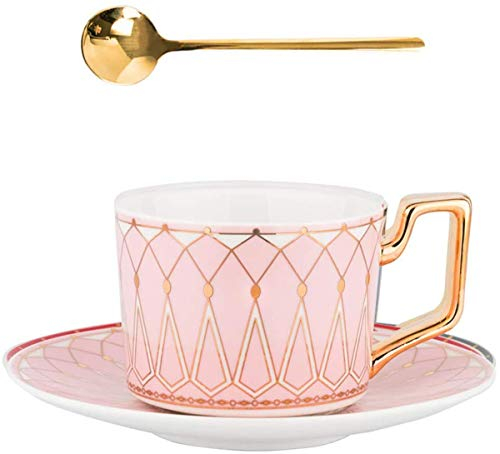 Eplze® Elegant Ceramic Teacup and Saucer Set, 8oz Coffee Cup for Afternoon Tea- Geometric Pattern (Pink)