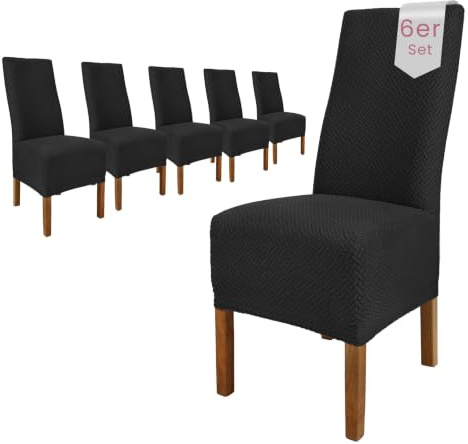 Scheffler Home Stuhlhussen Schwarz 6er Set Elastisch Luna-lang | Feine Microfaser-Stretch Stuhlbezüge, waschbar und pflegeleicht, für Hochlehner und Polsterstühle