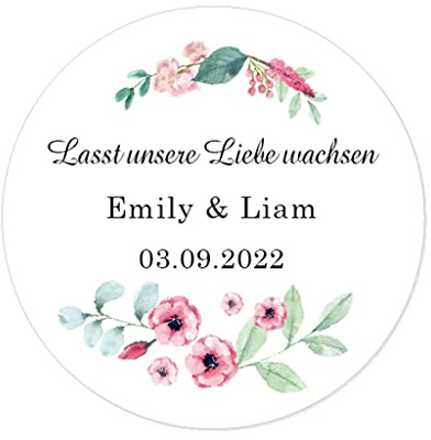 48 personalisiert Lasst unsere Liebe wachsen Aufkleber, Lilie Blumen Hochzeitssticker, 4 cm Runde Liebe Saat/Blumensamen Etiketten für Hochzeit,Taufe,Gastgeschenk,Tüten - Rd 270-013