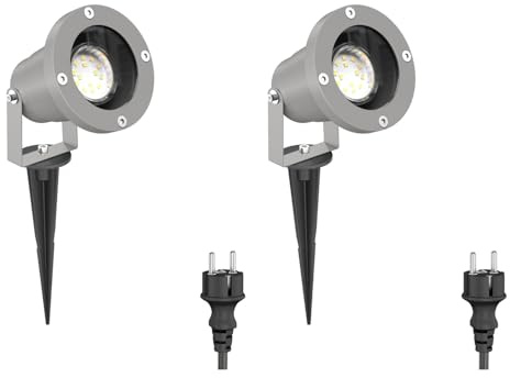 ledscom.de 2x Gartenstrahler DUK mit Erdspieß für außen, IP65, Stecker, grau, inkl. GU10 LED 227lm warmweiß