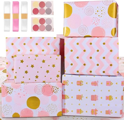Presentpapper för födelsedagspresenter, för kvinnor/flickor, miljövänligt, set med gratis band och klistermärken, färger guld och rosa, med mönster av hjärtan, stjärnor och prickar