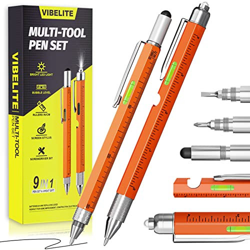 VIBELITE Lot de 2 stylos multifonctions 9 en 1 pour homme, cadeau unique pour papa, fille, fils, épouse, gadget cool pour homme, mari, petit ami, grand-père, orange