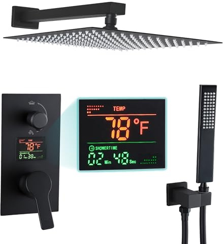 SKOWLL Matte Black Shower Faucet Set Modern Shower Temperature Digital Display, Black Bathroom Faucets Shower System, 12 Inch Shower Head and Faucet Set