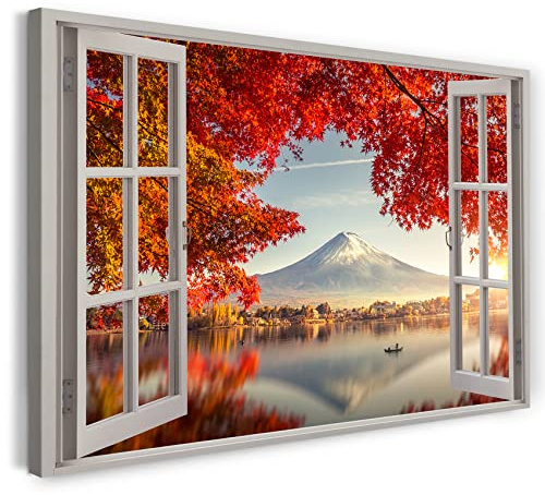 Printistico Impression sur toile (120x80 cm) vue depuis la fenêtre - Fuji Japon, fleurs de cerisier des montagnes d'été - photographie de la nature, cadre en bois véritable avec crochet,