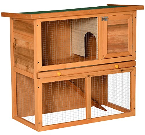 PawHut Hasenstall für Zwergkaninchen aus Tannenholz, doppelstöckige Kaninchenstall Zwergkaninchenstall, Kleintierstall mit Bodenwanne, Rampe, Orange, 90 x 45 x 80 cm