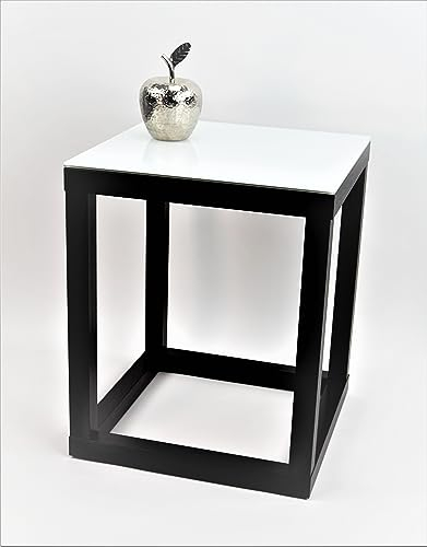 freeroom24, Beistelltisch, Wohnzimmertisch, Couchtisch, Coffee Table, Kaffeetisch, Blumenhocker, Blumensäule, Cube, Schwarz Holzstruktur, Glas weiß, 20 x 20 x 40cm, Made in Germany