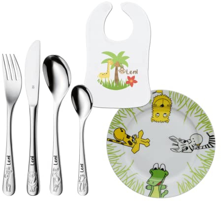 Taufgeschenk/Geschenk zur Geburt: WMF Safari Kinderbesteck mit Gravur + Safari Teller + Lätzchen mit Namen