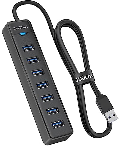 iDsonix 7-Port USB 3.0 Hub - USB Verteiler Multiport Adapter mit 1M Kable, USB 3.0 5Gbps Data, 5V 3A Type-c Port, USB Hub Splitter für PC, Laptop, MacBook und mehr