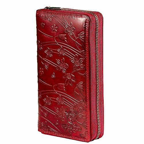 MATADOR XL Karten Portemonnaie Geldbeutel Damen Leder Groß #GIRONA mit edler Geschenk Box, Portmonee Geldbörse Damen Gross mit RFID Blocker, Geldtasche Brieftasche, Damenportemonnaie Blumen Rot