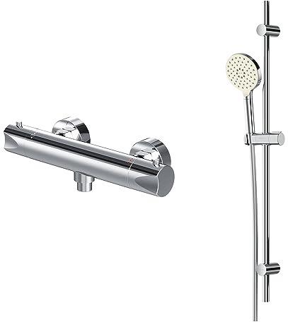Set für Dusche - Brausethermostat & Duschset, Brauseset - Handbrause, Duschstange und Thermostat, Duschset und Duschthermostat, rund, Duscharmatur mit Thermostat für Badezimmer, F408TA46, Chrom