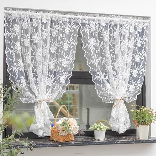 Weiß Spitze Scheibengardine mit Blumenstickerei Voile Gardine HxB 100x130cm | Landhausstil Kurzvorhang transparente Bistrogardine für Wohnzimmer Küchengardine Dekoschal mit Tunnelzug 1 Stück